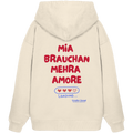 Naturfarbener Oversize Hoodie mit großem Backprint "Mia brauchan mehra Amore" und Herz-Ladebalken im bayerischen Streetwear-Design von Grantler Gwand.