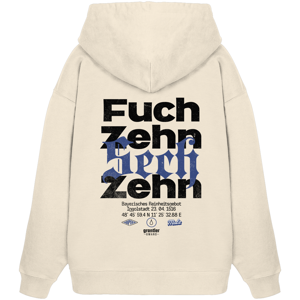Naturfarbener Oversize Hoodie mit großem „Fuchzehn Sechzehn“-Backprint in Schwarz und Blau, inspiriert vom Bayerischen Reinheitsgebot von 1516.