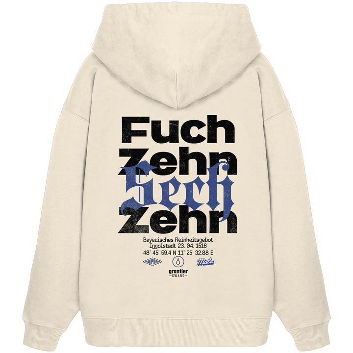 Naturfarbener Oversize Hoodie mit großem „Fuchzehn Sechzehn“-Backprint in Schwarz und Blau, inspiriert vom Bayerischen Reinheitsgebot von 1516.