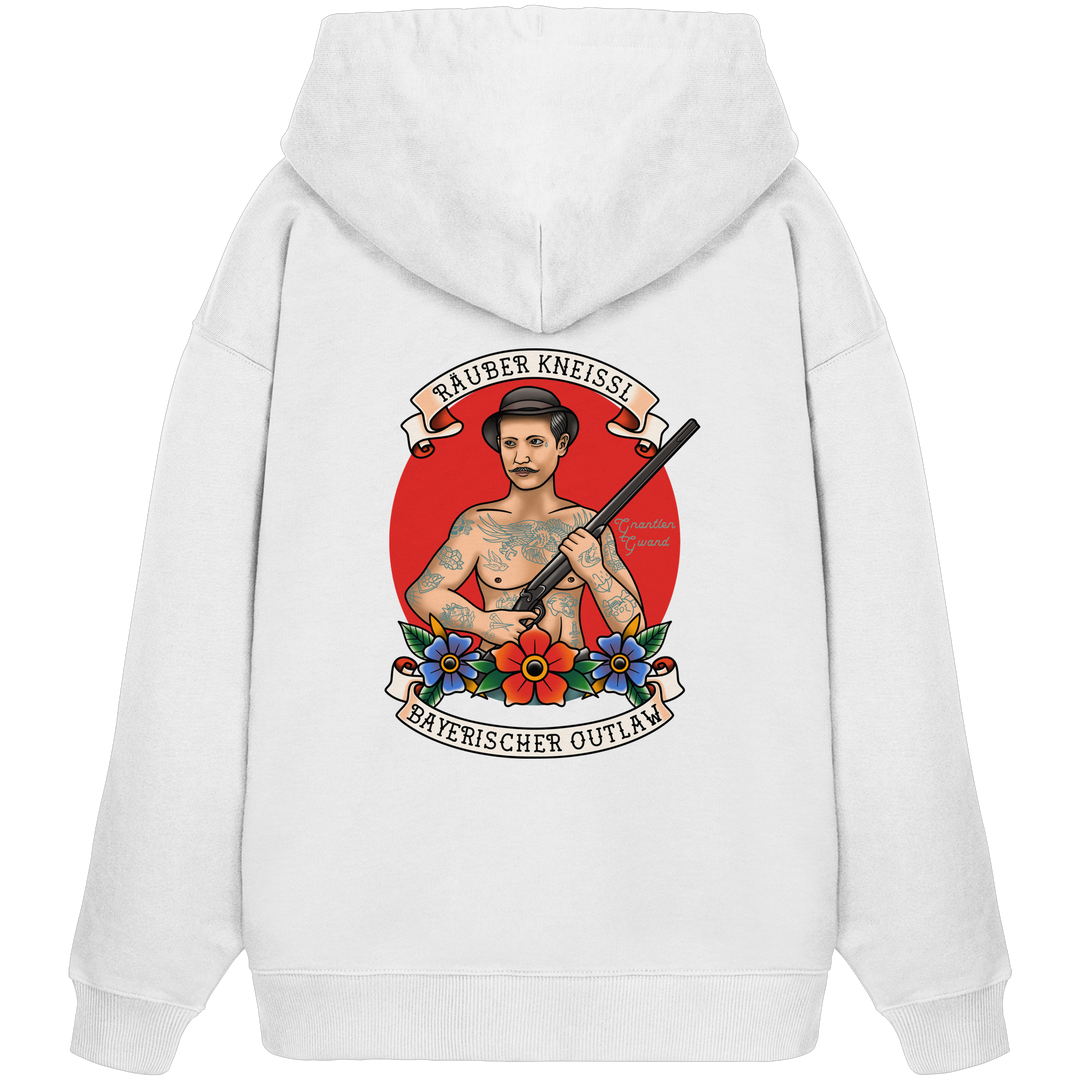 Weißer Oversize Hoodie mit großem Räuber Kneissl Backprint im Tattoo-Style. Extra schwerer Premium Hoodie mit bayerischem Motiv für moderne Streetwear, Festival, Alltag und urbanen Look. Designed und bedruckt in Bayern von Grantler Gwand.