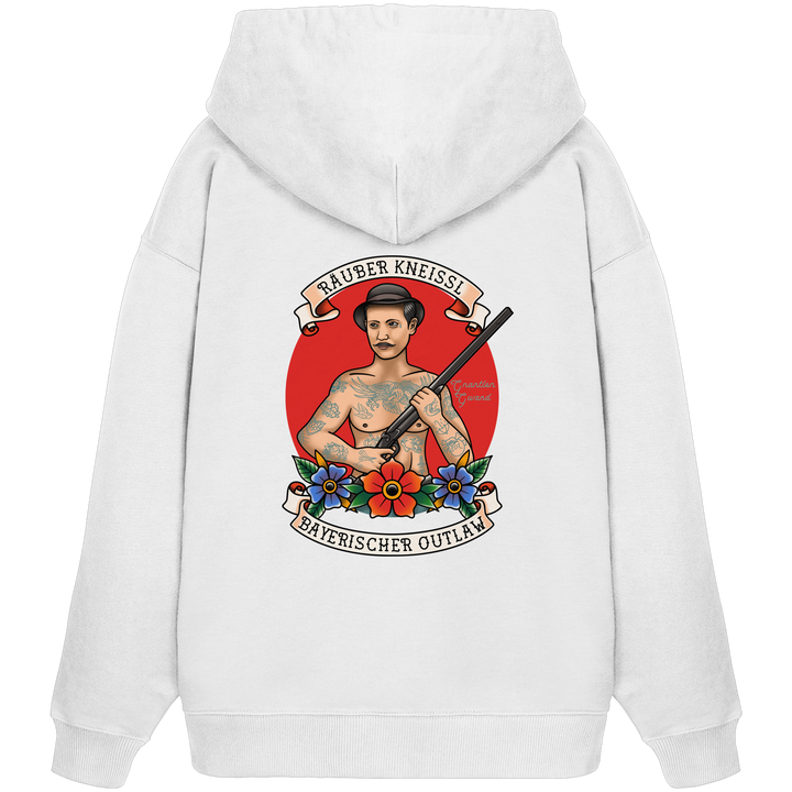 Weißer Oversize Hoodie mit großem Räuber Kneissl Backprint im Tattoo-Style. Extra schwerer Premium Hoodie mit bayerischem Motiv für moderne Streetwear, Festival, Alltag und urbanen Look. Designed und bedruckt in Bayern von Grantler Gwand.