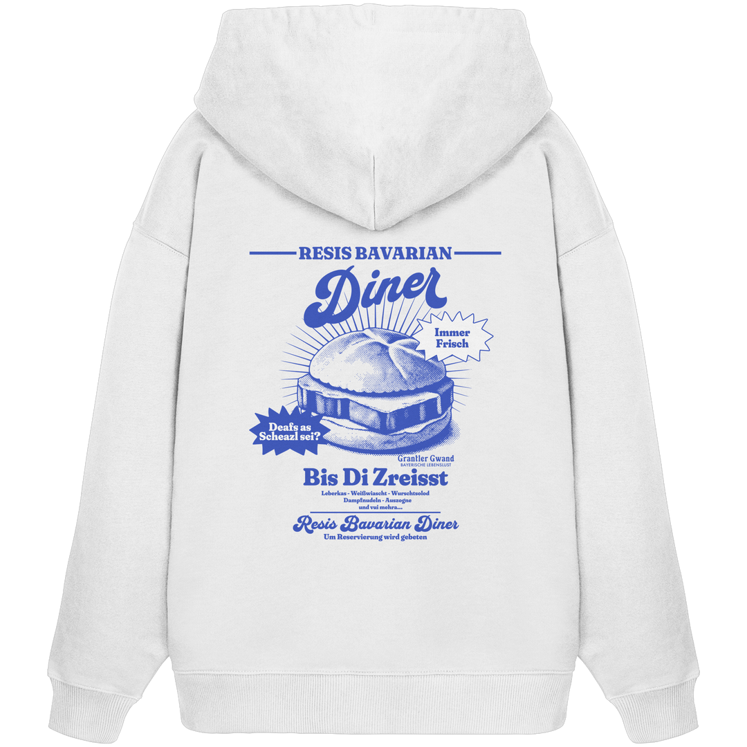 Weißer Oversize Hoodie mit Backprint „Resis Bavarian Diner“ – bayerischer Streetwear Hoodie mit Leberkässemmel im Retro-Diner-Design und Vintage-Print von Grantler Gwand.