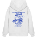 Weißer Oversize Hoodie mit Backprint „Resis Bavarian Diner“ – bayerischer Streetwear Hoodie mit Leberkässemmel im Retro-Diner-Design und Vintage-Print von Grantler Gwand.