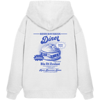 Weißer Oversize Hoodie mit Backprint „Resis Bavarian Diner“ – bayerischer Streetwear Hoodie mit Leberkässemmel im Retro-Diner-Design und Vintage-Print von Grantler Gwand.
