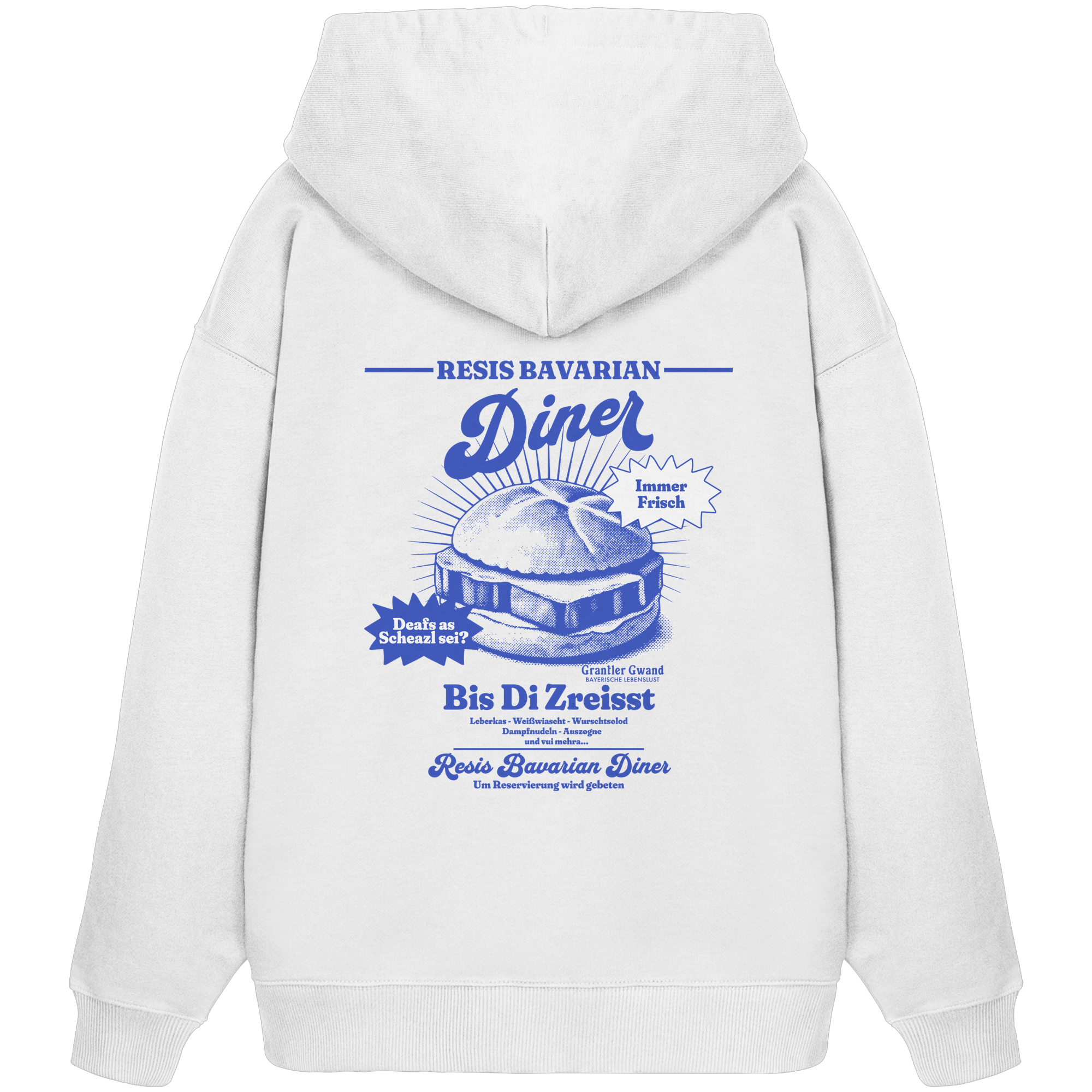 Weißer Oversize Hoodie mit Backprint „Resis Bavarian Diner“ – bayerischer Streetwear Hoodie mit Leberkässemmel im Retro-Diner-Design und Vintage-Print von Grantler Gwand.