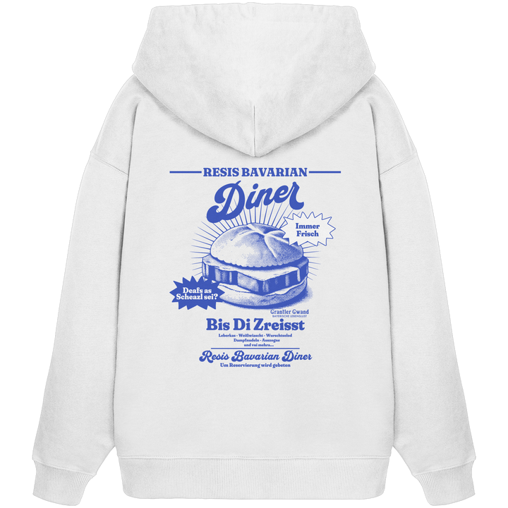 Weißer Oversize Hoodie mit Backprint „Resis Bavarian Diner“ – bayerischer Streetwear Hoodie mit Leberkässemmel im Retro-Diner-Design und Vintage-Print von Grantler Gwand.
