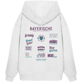 Weißer Oversize Hoodie mit großem lila Backprint „Bayerische Gmiatlichkeit“ und bayerischen Begriffen wie Hoamatliebe, Biergarten, Volksfest, Grantler, Hopfen & Malz und Griabig. Unisex Premium-Hoodie aus Bio-Baumwolle im modernen Streetwear-Style. Designed und bedruckt in Bayern von Grantler Gwand.