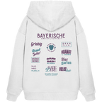 Weißer Oversize Hoodie mit großem lila Backprint „Bayerische Gmiatlichkeit“ und bayerischen Begriffen wie Hoamatliebe, Biergarten, Volksfest, Grantler, Hopfen & Malz und Griabig. Unisex Premium-Hoodie aus Bio-Baumwolle im modernen Streetwear-Style. Designed und bedruckt in Bayern von Grantler Gwand.