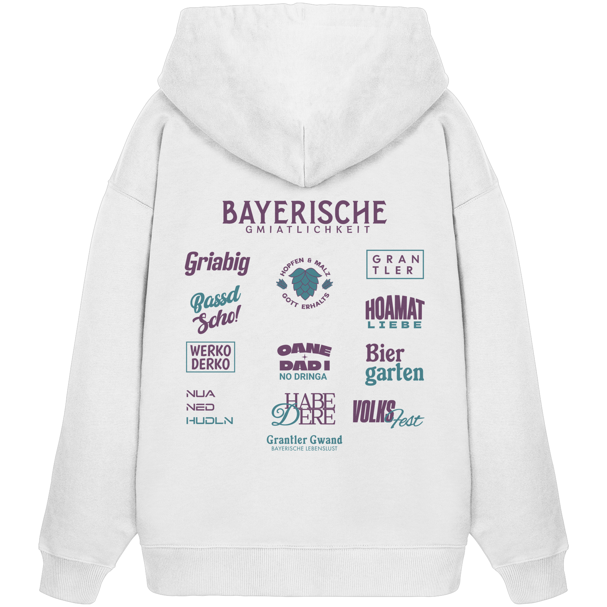 Weißer Oversize Hoodie mit großem lila Backprint „Bayerische Gmiatlichkeit“ und bayerischen Begriffen wie Hoamatliebe, Biergarten, Volksfest, Grantler, Hopfen & Malz und Griabig. Unisex Premium-Hoodie aus Bio-Baumwolle im modernen Streetwear-Style. Designed und bedruckt in Bayern von Grantler Gwand.