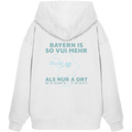 Weißer Oversize Hoodie in schwerer Qualität von Grantler Gwand mit grünem Backprint „Bayern im Herzen“ und Bayern-Silhouette – bayerischer Streetwear Hoodie im Oversize-Schnitt.