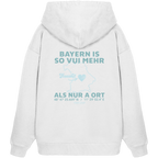 Weißer Oversize Hoodie in schwerer Qualität von Grantler Gwand mit grünem Backprint „Bayern im Herzen“ und Bayern-Silhouette – bayerischer Streetwear Hoodie im Oversize-Schnitt.