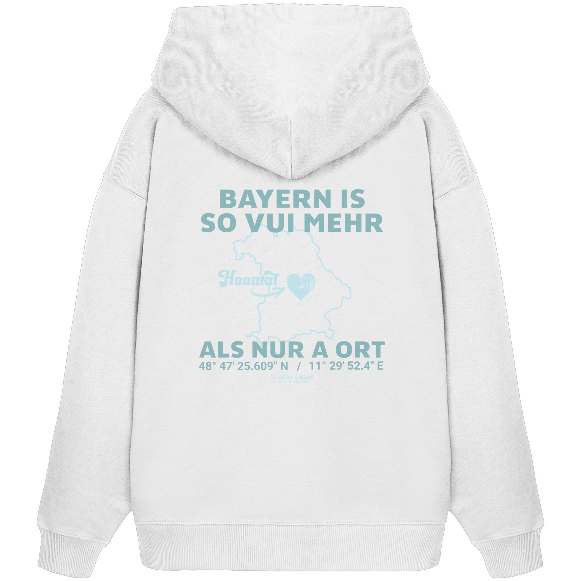 Weißer Oversize Hoodie in schwerer Qualität von Grantler Gwand mit grünem Backprint „Bayern im Herzen“ und Bayern-Silhouette – bayerischer Streetwear Hoodie im Oversize-Schnitt.