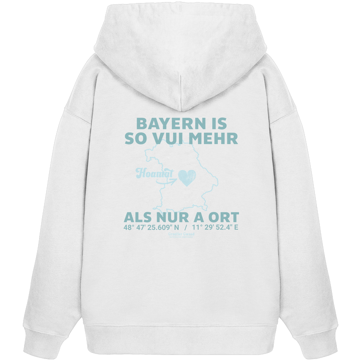 Weißer Oversize Hoodie in schwerer Qualität von Grantler Gwand mit grünem Backprint „Bayern im Herzen“ und Bayern-Silhouette – bayerischer Streetwear Hoodie im Oversize-Schnitt.