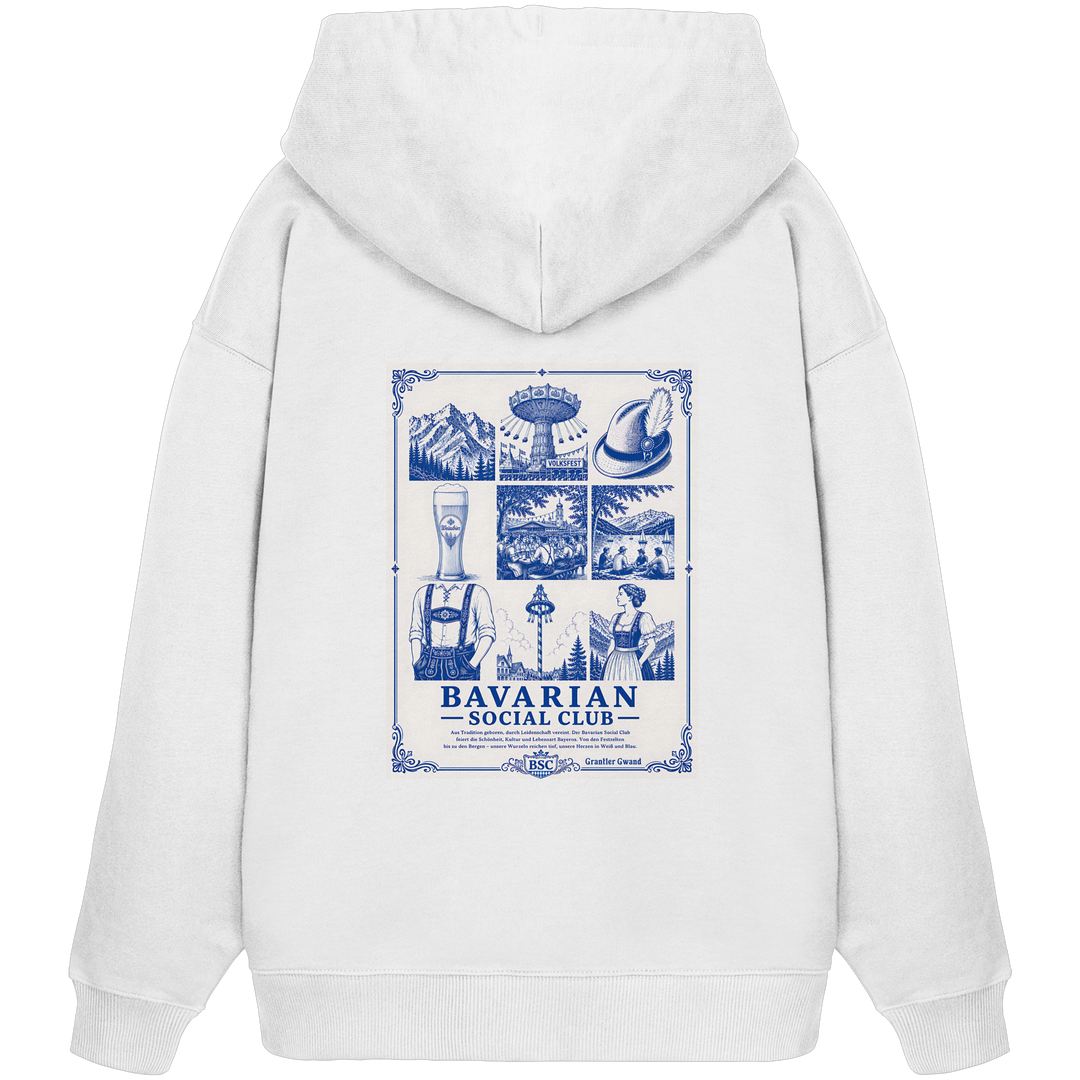 Weißer Overize Hoodie mit großem, blauem Bavarian Social Club Rückenprint im edlen Vintage - Stil von Grantler Gwand.
