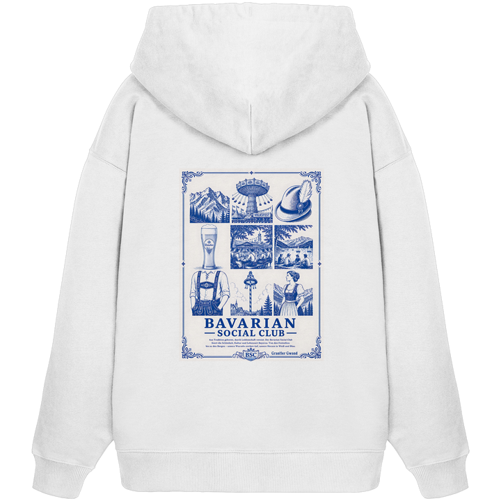 Weißer Overize Hoodie mit großem, blauem Bavarian Social Club Rückenprint im edlen Vintage - Stil von Grantler Gwand.