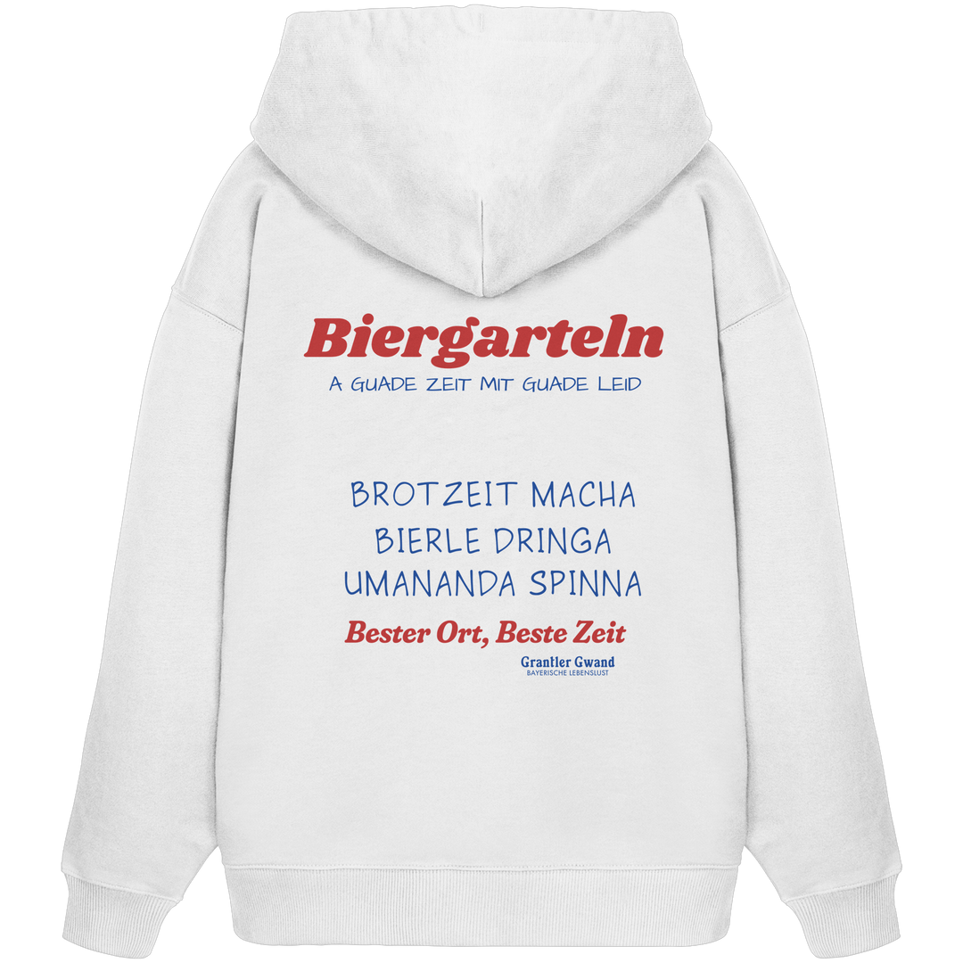 Weißer Oversize Hoodie mit großem Biergarteln Backprint in Rot und Blau sowie bayerischem Statement „A guade Zeit mit guade Leid“ – extra schwerer Premium Hoodie für Biergarten, Volksfest und moderne bayerische Streetwear von Grantler Gwand.
