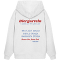 Weißer Oversize Hoodie mit großem Biergarteln Backprint in Rot und Blau sowie bayerischem Statement „A guade Zeit mit guade Leid“ – extra schwerer Premium Hoodie für Biergarten, Volksfest und moderne bayerische Streetwear von Grantler Gwand.