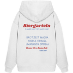Weißer Oversize Hoodie mit großem Biergarteln Backprint in Rot und Blau sowie bayerischem Statement „A guade Zeit mit guade Leid“ – extra schwerer Premium Hoodie für Biergarten, Volksfest und moderne bayerische Streetwear von Grantler Gwand.