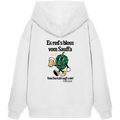 Weißer Oversize-Hoodie mit „Es red's bloß vom Sauffa“-Backprint und Hopfen-Illustration – bayerischer Statement-Hoodie im Retro-Streetwear-Look von Grantler Gwand.
