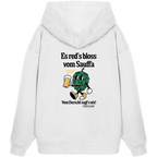 Weißer Oversize-Hoodie mit „Es red's bloß vom Sauffa“-Backprint und Hopfen-Illustration – bayerischer Statement-Hoodie im Retro-Streetwear-Look von Grantler Gwand.