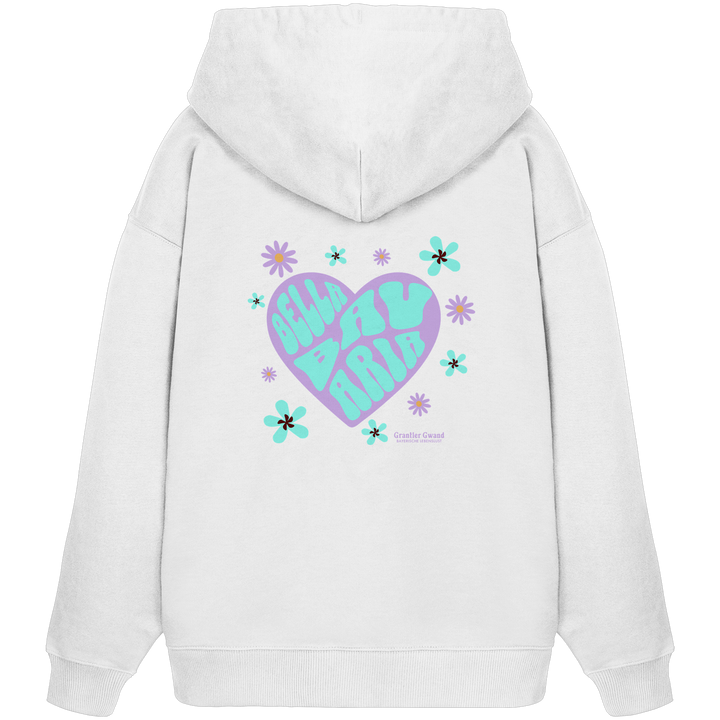 Weißer Oversize Hoodie mit großem Herz-Backprint in Lila und Mint, floralen Elementen und dem Schriftzug „Bavarian Maria“ im Retro-Stil. Designed &amp; bedruckt in Bayern.
