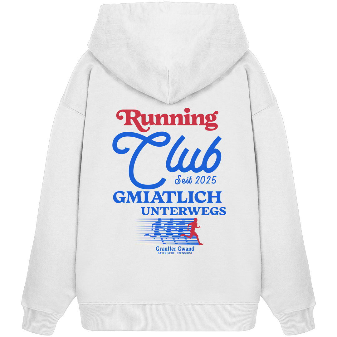 Weißer  Oversize Hoodie in schwerer Qualität mit großem Running Club Backprint im Retro-Design in Blau und Rot – hochwertiger Bio-Baumwoll Hoodie mit bayerischem Streetwear-Look von Grantler Gwand.