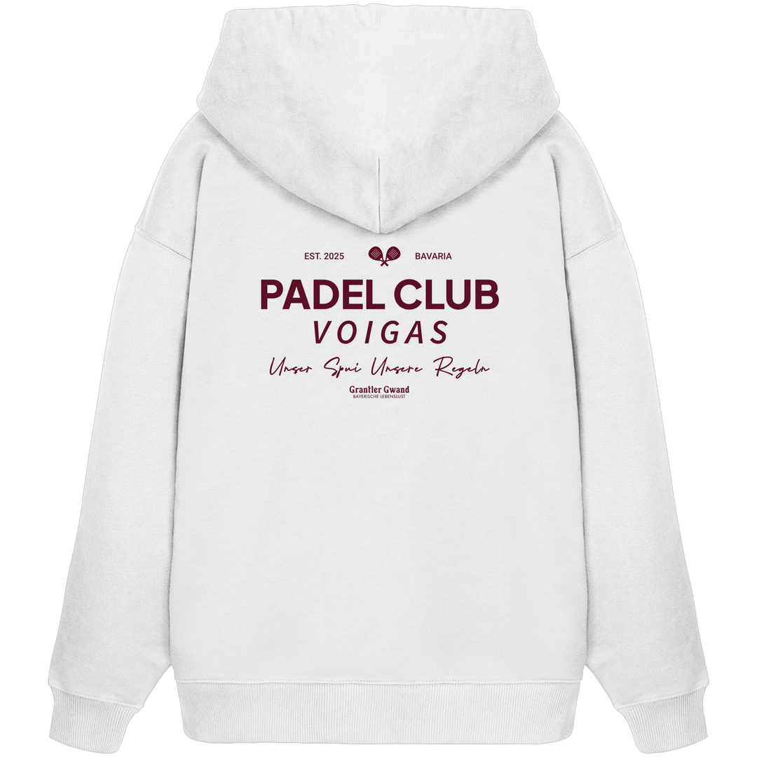 Weißer Oversize-Hoodie mit rotem „Padel Club“-Backprint – hochwertiger Streetwear-Hoodie in schwerer Qualität von Grantler Gwand für Padel-Fans.