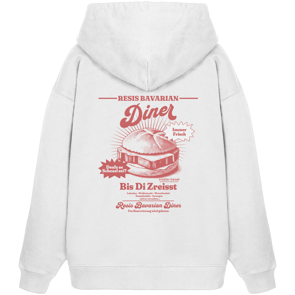 Weißer Oversize Hoodie mit rotem Backprint „Resis Bavarian Diner“ – bayerischer Streetwear Hoodie mit Leberkässemmel im Retro-Diner-Design und Vintage-Print von Grantler Gwand.