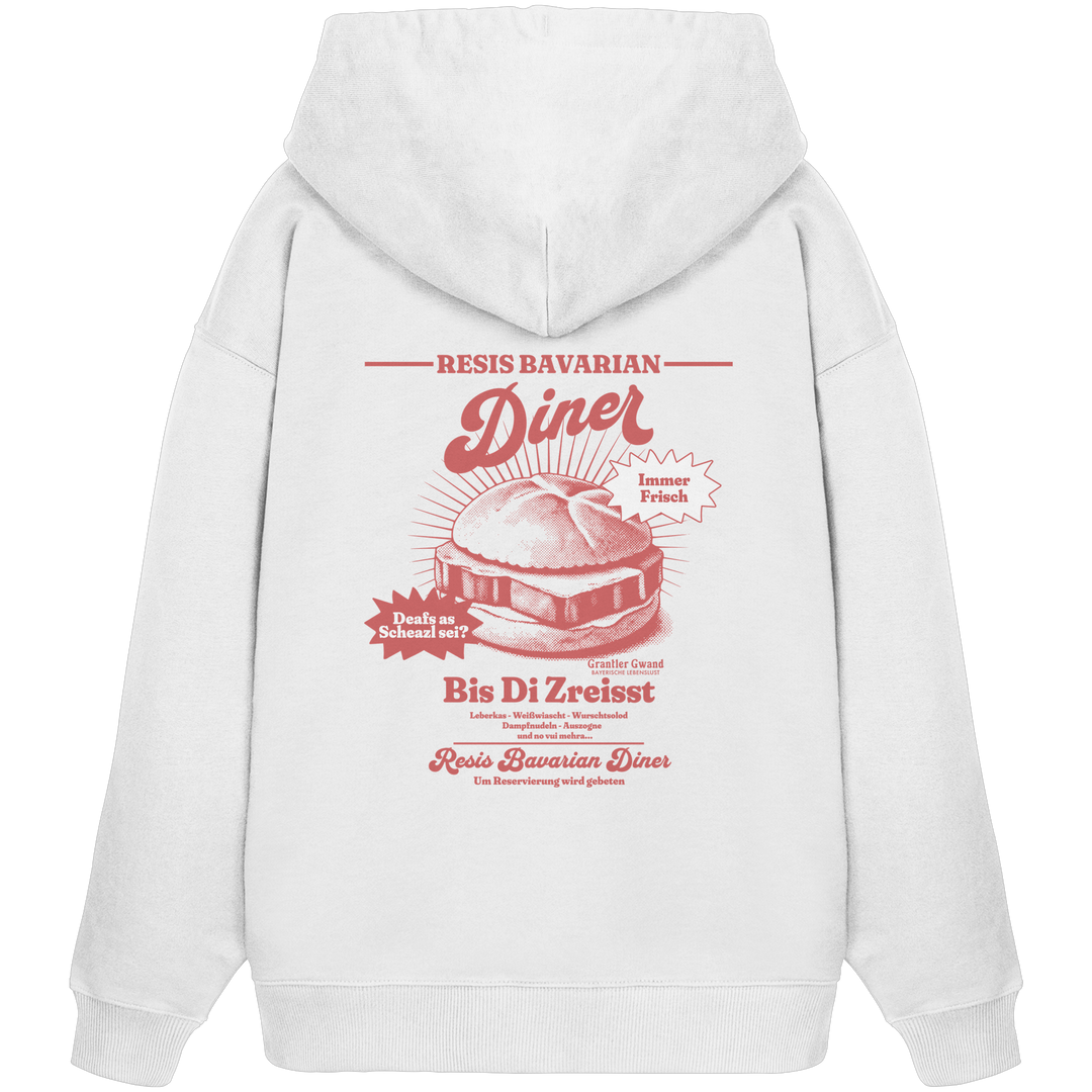 Weißer Oversize Hoodie mit rotem Backprint „Resis Bavarian Diner“ – bayerischer Streetwear Hoodie mit Leberkässemmel im Retro-Diner-Design und Vintage-Print von Grantler Gwand.
