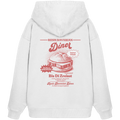 Weißer Oversize Hoodie mit rotem Backprint „Resis Bavarian Diner“ – bayerischer Streetwear Hoodie mit Leberkässemmel im Retro-Diner-Design und Vintage-Print von Grantler Gwand.