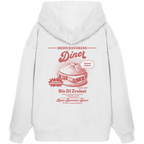 Weißer Oversize Hoodie mit rotem Backprint „Resis Bavarian Diner“ – bayerischer Streetwear Hoodie mit Leberkässemmel im Retro-Diner-Design und Vintage-Print von Grantler Gwand.