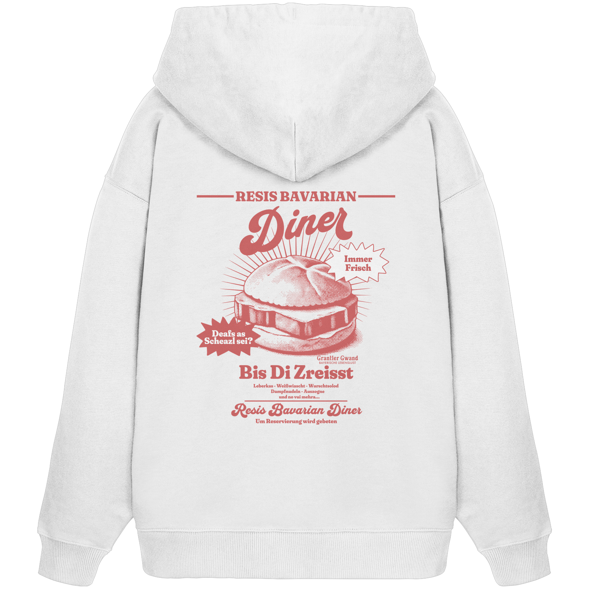 Weißer Oversize Hoodie mit rotem Backprint „Resis Bavarian Diner“ – bayerischer Streetwear Hoodie mit Leberkässemmel im Retro-Diner-Design und Vintage-Print von Grantler Gwand.