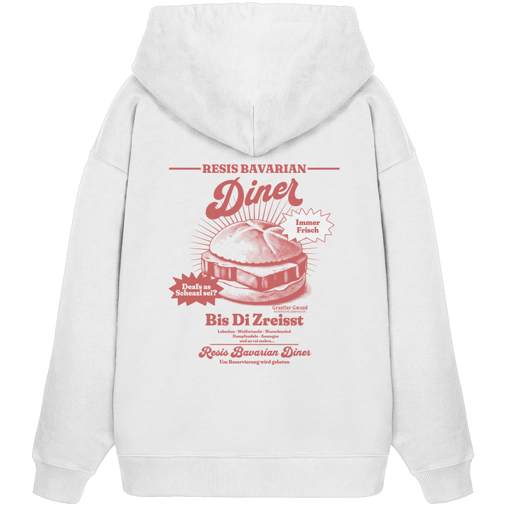 Weißer Oversize Hoodie mit rotem Backprint „Resis Bavarian Diner“ – bayerischer Streetwear Hoodie mit Leberkässemmel im Retro-Diner-Design und Vintage-Print von Grantler Gwand.