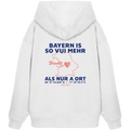 Weißer Oversize Hoodie von Grantler Gwand mit blauem Backprint „Bayern is so vui mehr als nur a Ort“, Herzsymbol und Bayern-Silhouette – bayerischer Streetwear Hoodie.