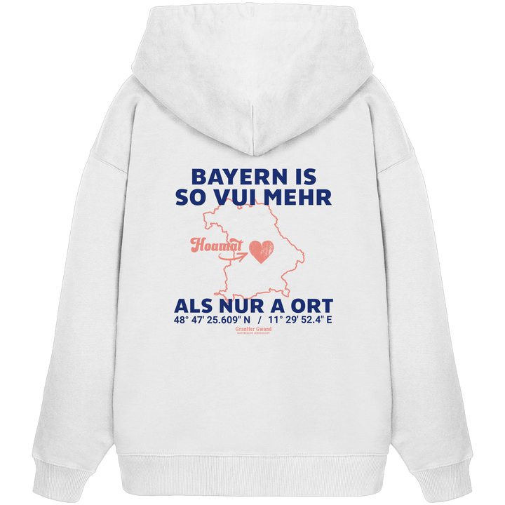 Weißer Oversize Hoodie von Grantler Gwand mit blauem Backprint „Bayern is so vui mehr als nur a Ort“, Herzsymbol und Bayern-Silhouette – bayerischer Streetwear Hoodie.
