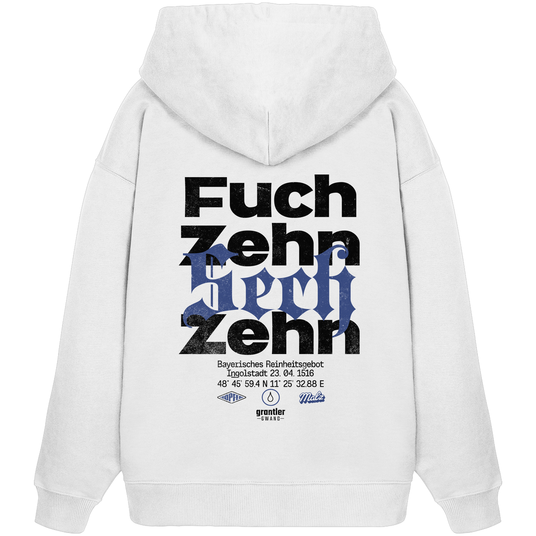 Weißer Oversize Hoodie mit großem „Fuchzehn Sechzehn“-Backprint in Schwarz und Blau, inspiriert vom Bayerischen Reinheitsgebot von 1516.