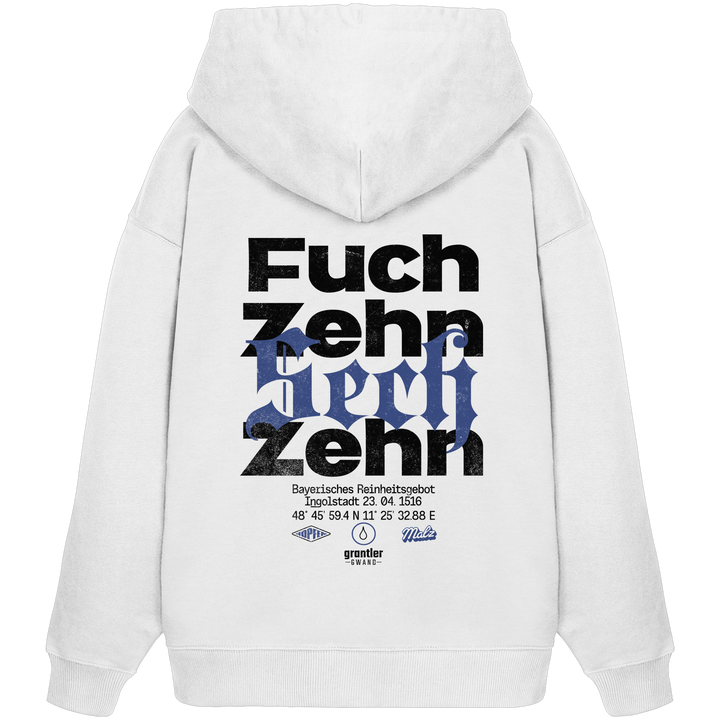 Weißer Oversize Hoodie mit großem „Fuchzehn Sechzehn“-Backprint in Schwarz und Blau, inspiriert vom Bayerischen Reinheitsgebot von 1516.