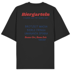 Schwarzes Oversize Unisex T-Shirt mit großem Biergarteln Backprint in Rot und bayerischem Statement „A guade Zeit mit guade Leid“. Schweres Premium-Shirt für Biergarten, Volksfest, Stammtisch und moderne bayerische Streetwear. Designed und bedruckt in Bayern von Grantler Gwand.
