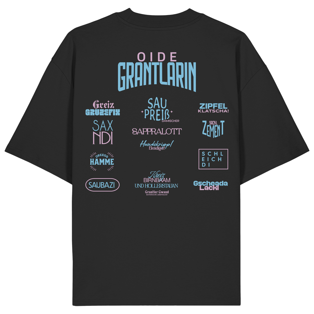 Schwarzes Oversize Shirt mit großem Backprint „Oide Grantlarin“ sowie bayerischen Dialektbegriffen im modernen Typografie-Design von Grantler Gwand.