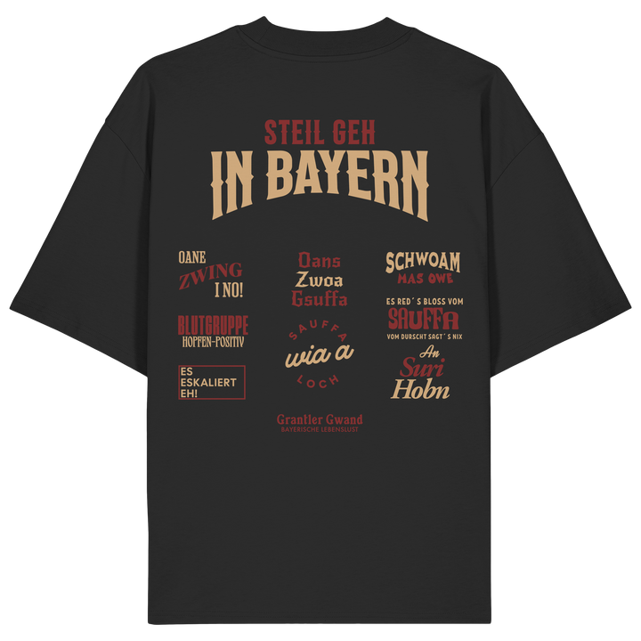 Schwarzes Oversize T-Shirt mit großem Backprint aus mehreren bayerischen Dialektsprüchen im modernen Typografie-Design von Grantler Gwand.