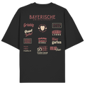 Schwarzes Oversize-Shirt mit großem rotem Backprint „Bayerische Gmiatlichkeit“ und typischen bayerischen Begriffen wie Hoamatliebe, Biergarten, Volksfest, Grantler, Hopfen & Malz und Griabig. Unisex Premium-Shirt aus Bio-Baumwolle im modernen Streetwear-Style. Designed und bedruckt in Bayern von Grantler Gwand.