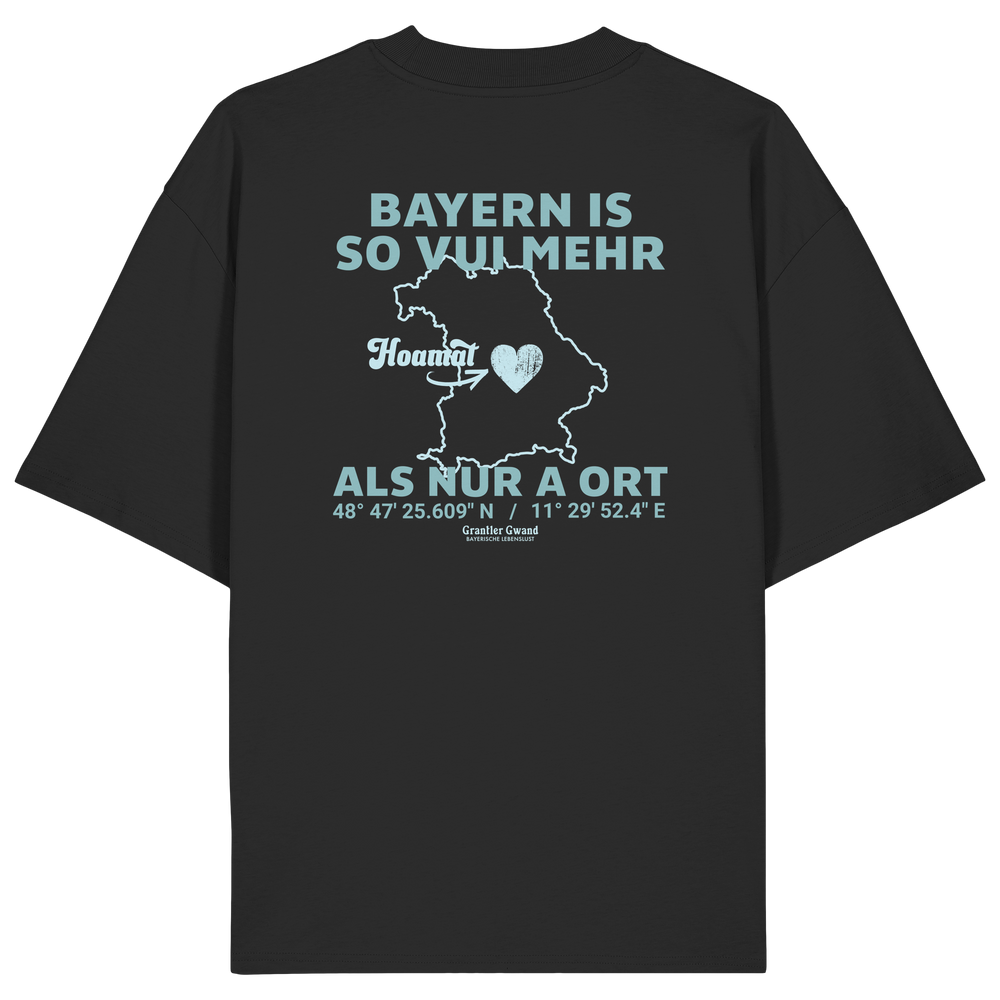 Schwarzes Oversize T-Shirt von Grantler Gwand mit grünem Backprint „Bayern is so vui mehr als nur a Ort“ und Bayern-Silhouette – bayerisches Streetwear Shirt aus Bio-Baumwolle.