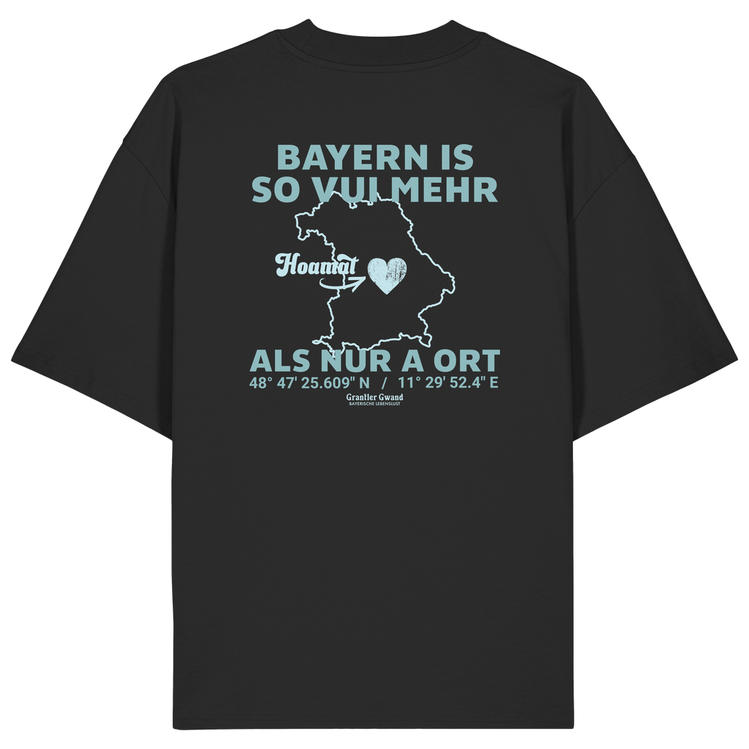 Schwarzes Oversize T-Shirt von Grantler Gwand mit grünem Backprint „Bayern is so vui mehr als nur a Ort“ und Bayern-Silhouette – bayerisches Streetwear Shirt aus Bio-Baumwolle.