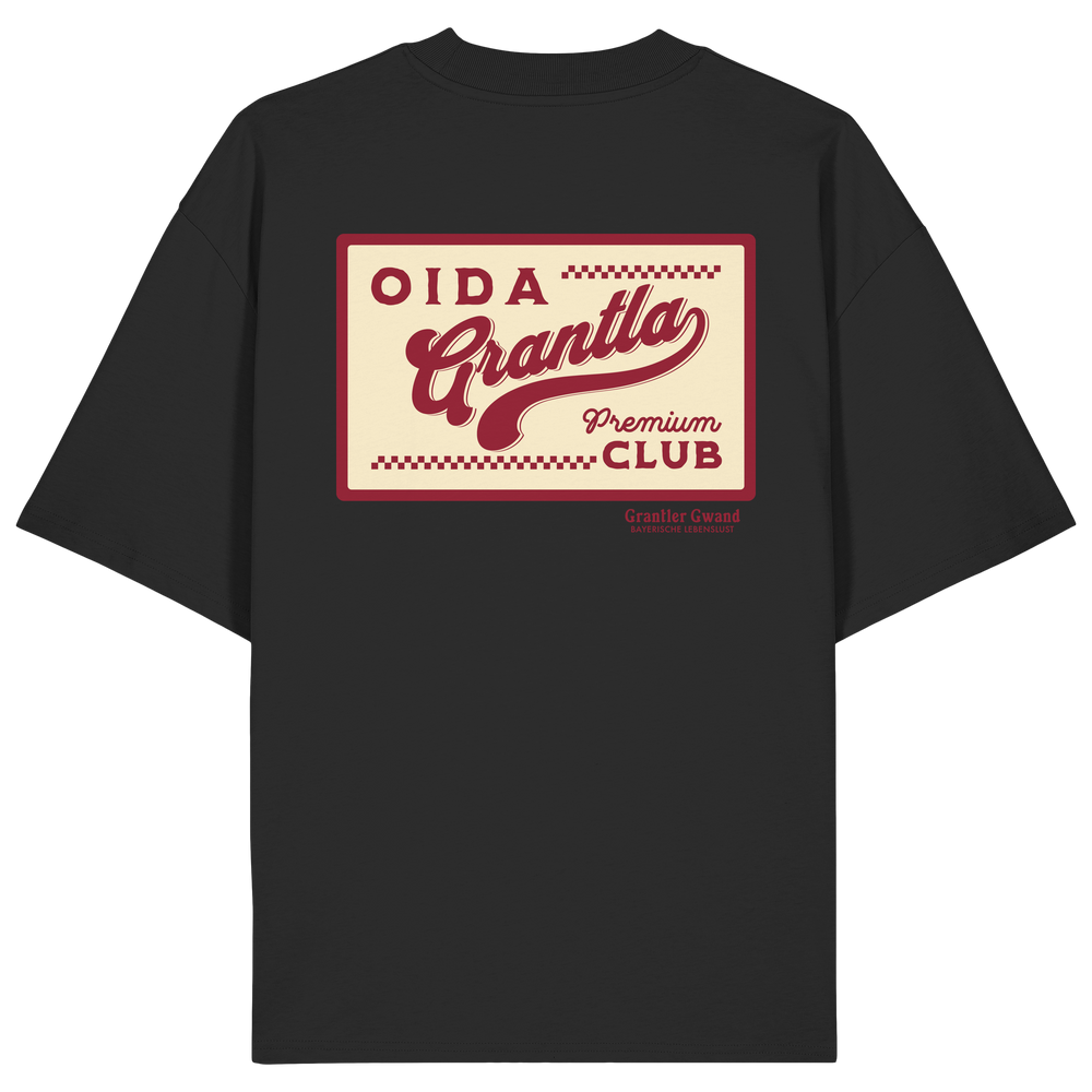 Schwarzes oversize Shirt mit großem Retro-Backprint "Oida Grantla Premium Club" im Vintage-Stil. Bayerischer Streetwear Hoodie von Grantler Gwand.