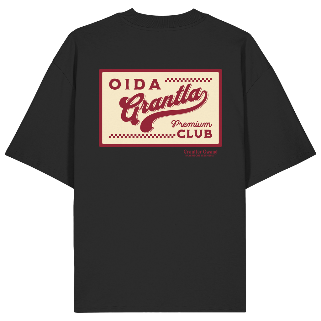Schwarzes oversize Shirt mit großem Retro-Backprint "Oida Grantla Premium Club" im Vintage-Stil. Bayerischer Streetwear Hoodie von Grantler Gwand.