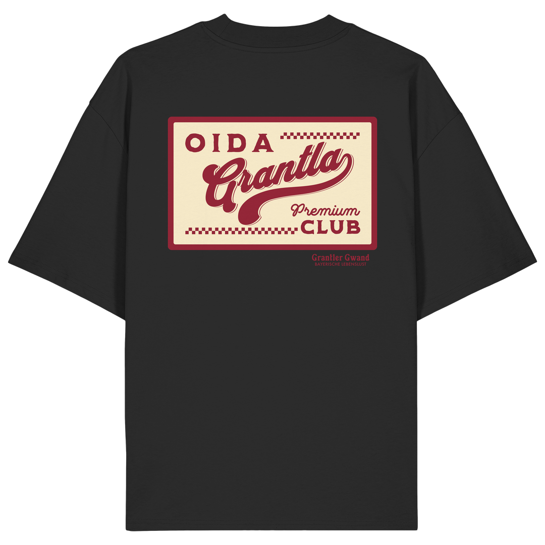 Schwarzes oversize Shirt mit großem Retro-Backprint "Oida Grantla Premium Club" im Vintage-Stil. Bayerischer Streetwear Hoodie von Grantler Gwand.