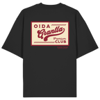 Schwarzes oversize Shirt mit großem Retro-Backprint "Oida Grantla Premium Club" im Vintage-Stil. Bayerischer Streetwear Hoodie von Grantler Gwand.