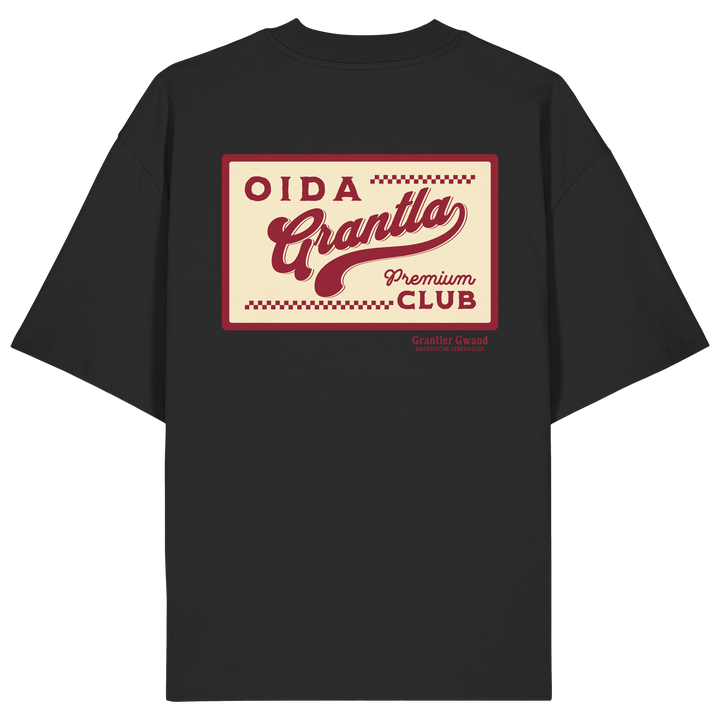 Schwarzes oversize Shirt mit großem Retro-Backprint "Oida Grantla Premium Club" im Vintage-Stil. Bayerischer Streetwear Hoodie von Grantler Gwand.