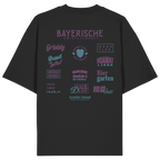 Schwarzes Oversize-Shirt mit großem lila Backprint „Bayerische Gmiatlichkeit“ und typischen bayerischen Begriffen wie Hoamatliebe, Biergarten, Volksfest, Grantler, Hopfen & Malz und Griabig. Unisex Premium-Shirt aus Bio-Baumwolle im modernen Streetwear-Style. Designed und bedruckt in Bayern von Grantler Gwand.