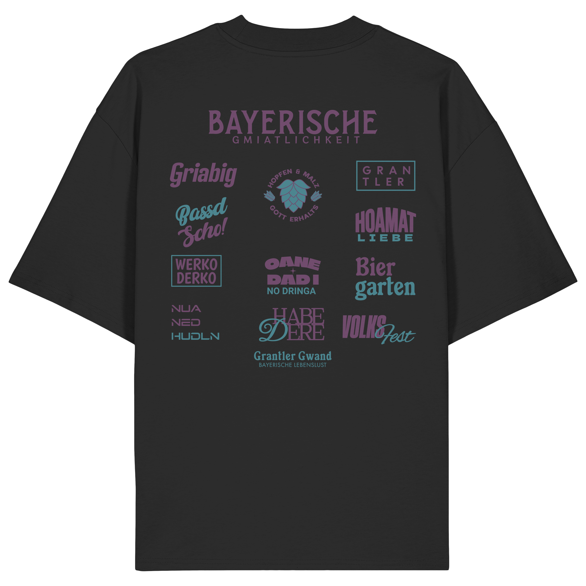 Schwarzes Oversize-Shirt mit großem lila Backprint „Bayerische Gmiatlichkeit“ und typischen bayerischen Begriffen wie Hoamatliebe, Biergarten, Volksfest, Grantler, Hopfen & Malz und Griabig. Unisex Premium-Shirt aus Bio-Baumwolle im modernen Streetwear-Style. Designed und bedruckt in Bayern von Grantler Gwand.